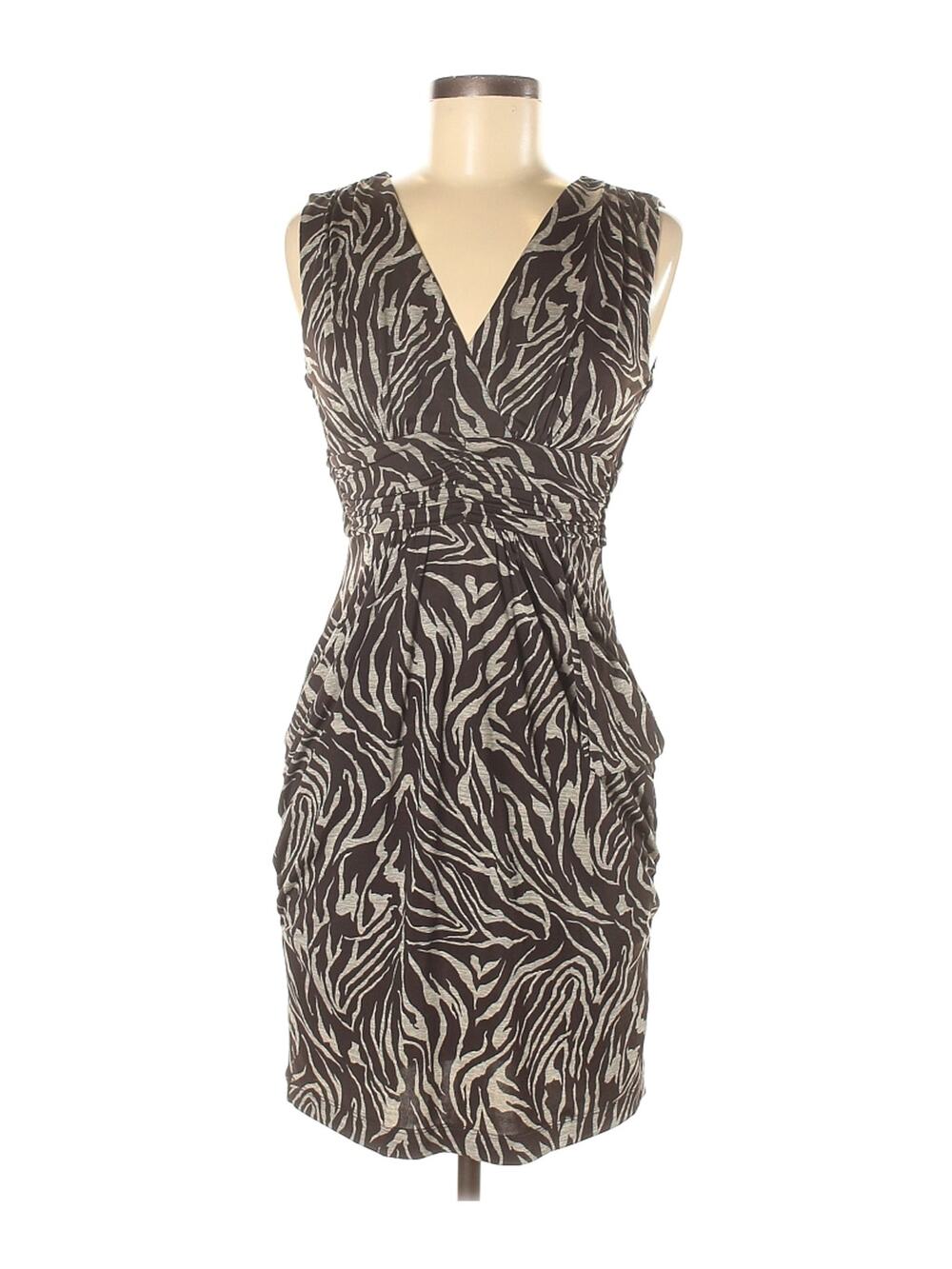 iZ Byer Animal Print Pocket Dress Brown Stretch Zebra Tie Belt Ruched Sleeveless